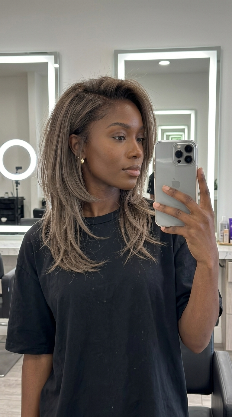 chin-length mushroom brown bob with razored tendrils & textured finish for edgy look