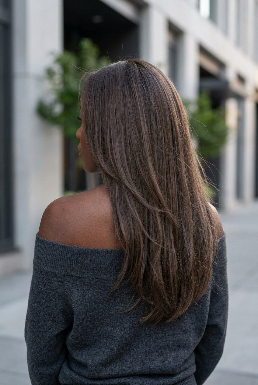 long haircut with mushroom brown, taupe lowlights, invisible layers — minimalist sophisticated style