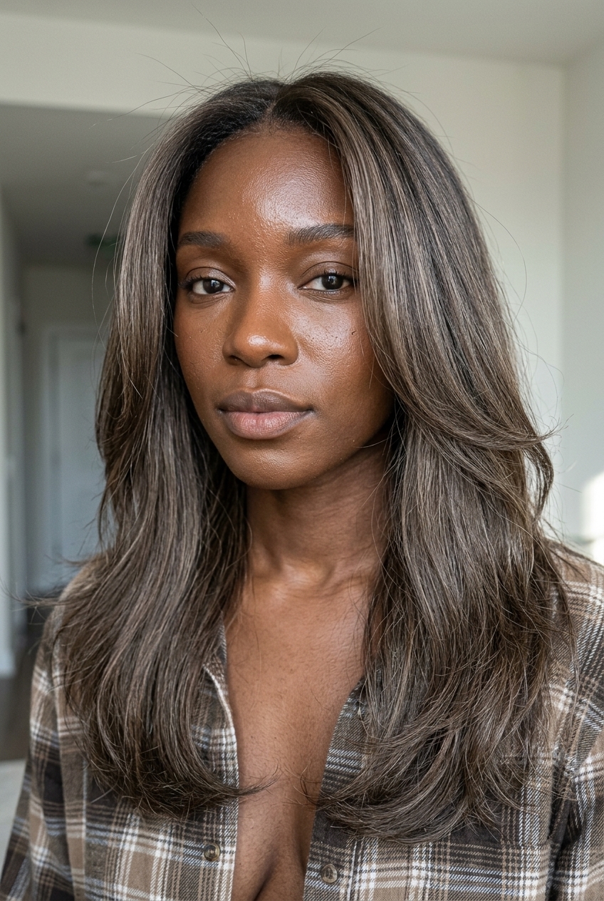 long haircut in cool mushroom brown with taupe babylights, internal layers, long face-framing pieces — effortless chic