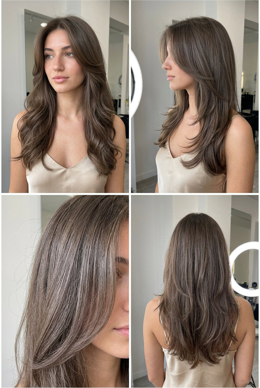 long mushroom brown hair color with ash gloss, soft layers, no bangs — effortless bohemian