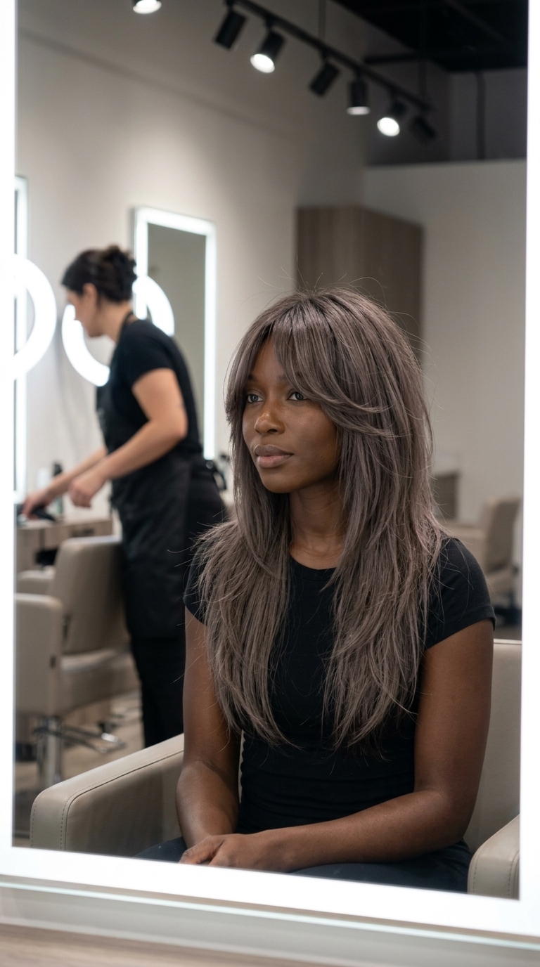 long shag haircut with mushroom brown & grey-violet reflects, choppy layers — undone urban vibe
