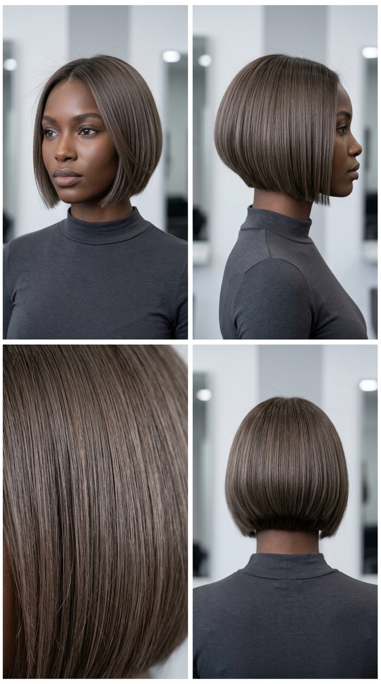 short sleek bob haircut in mushroom brown with cool ash undertones and nape exposure