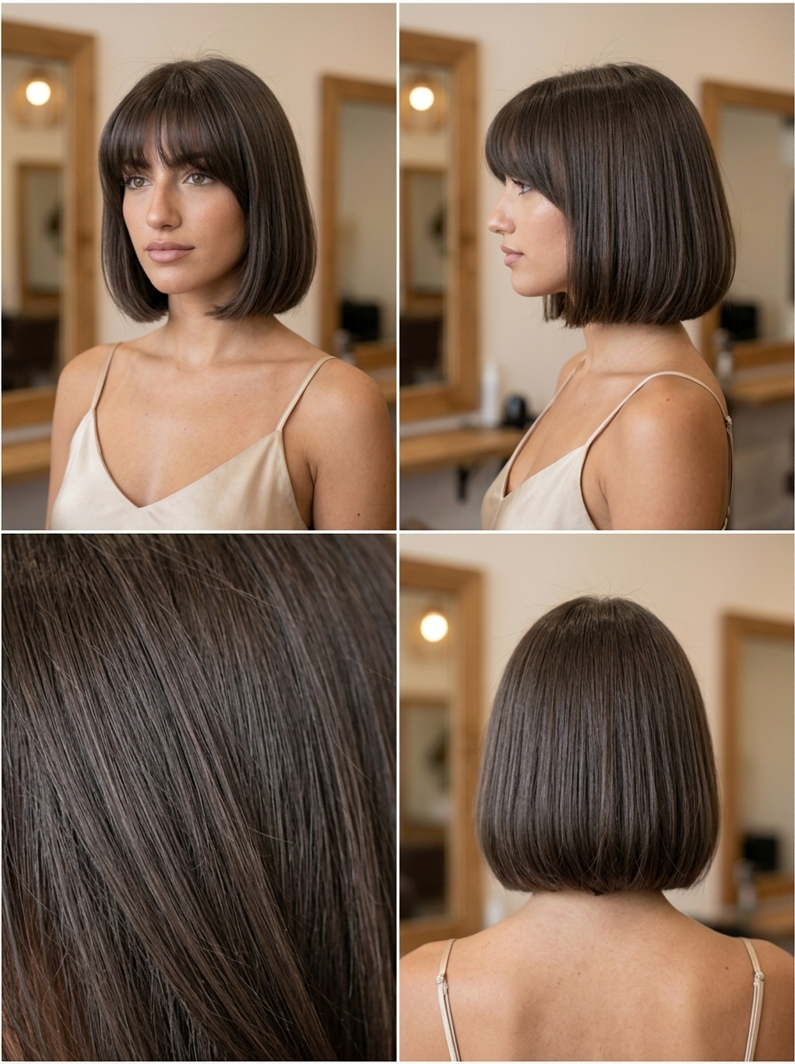 short pageboy haircut deep mushroom brown with cool ash undertones, heavy rounded fringe, jawline length — structured professional
