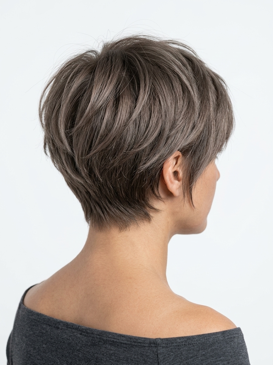 short pixie haircut cool ash brown with grey undertones, feathered edges, no defined bangs — minimalist chic