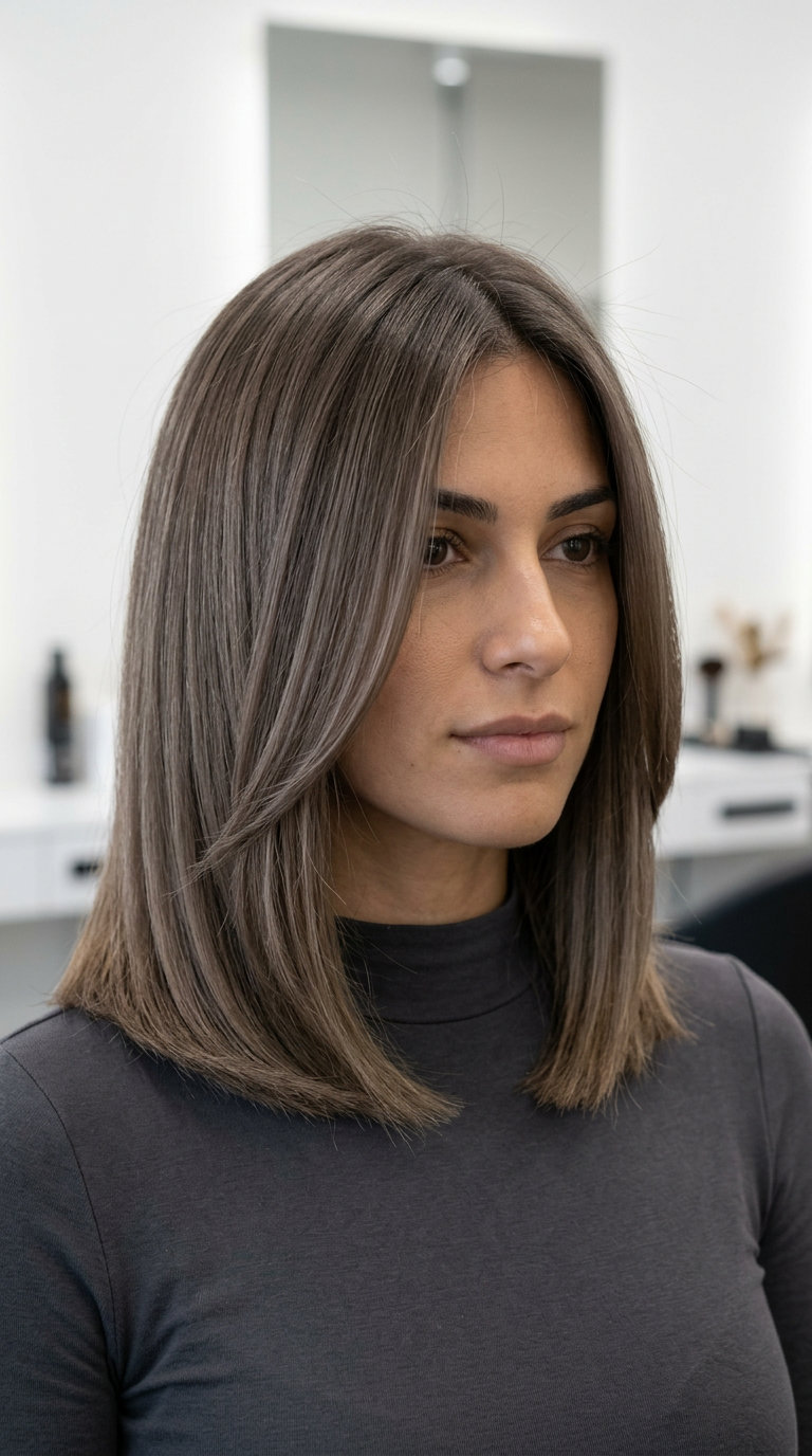 shoulder-length lob haircut in cool mushroom brown with ash-beige undertones and blunt perimeter for summer