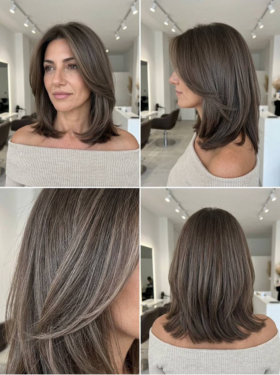 medium-length curve cut in muted mushroom brunette with cool ash undertones and subtle beige balayage for sophisticated modern styles