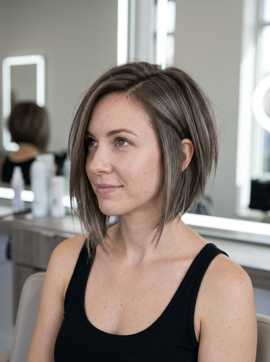 chin-length mushroom chai bob with ash grey undertones, razored ends, asymmetrical cut — edgy sophisticated art exhibition
