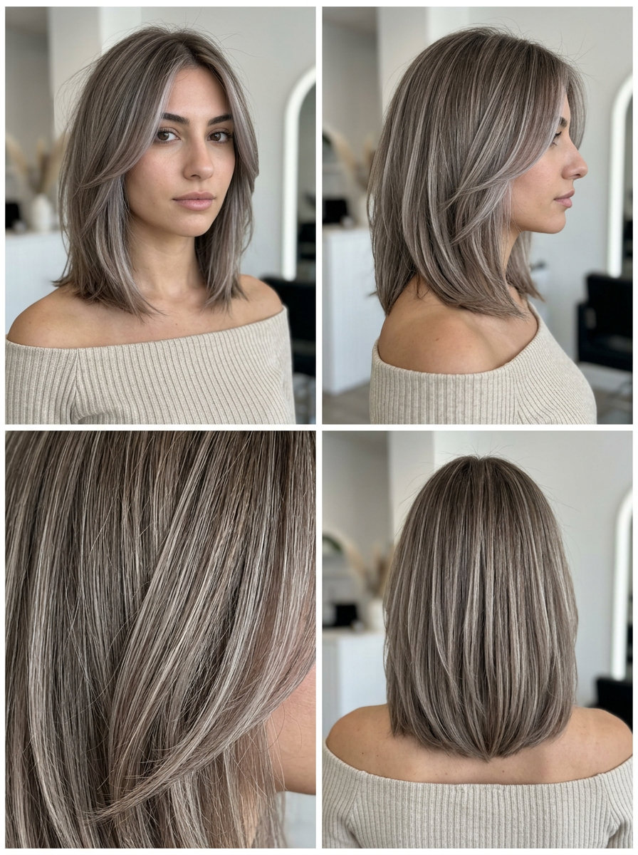 collarbone-length cool mushroom chai lob with subtle silver babylights and face-framing layers for summer 2026