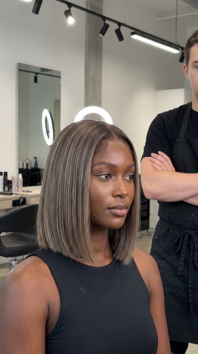 chin-length blunt bob haircut with ash blonde highlights, center part — sophisticated professional