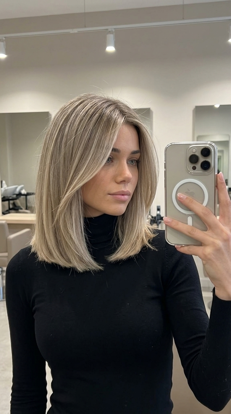 collarbone-length blunt cut dimensional summer blonde hair color 2026 with mushroom blonde, ash beige lowlights, no bangs — chic