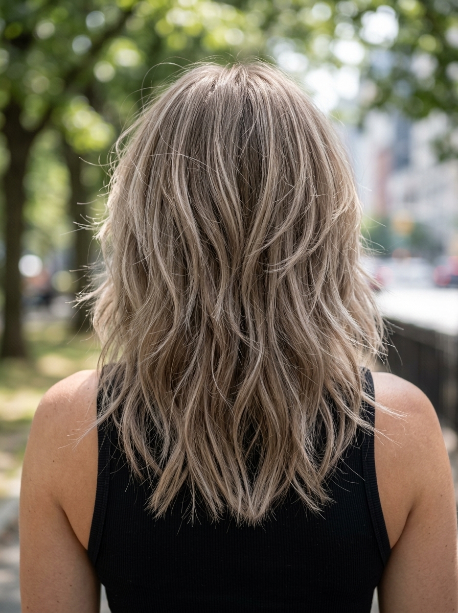 medium mushroom blonde shag with cool lowlights, ash beige, choppy layers, wispy curtain bangs, edgy texture for festival