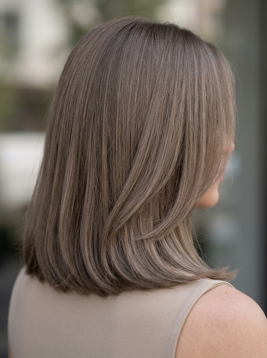 Mushroom Taupe Layered Cut 2026 collarbone layered cut mushroom taupe ash brunette with babylights, ghost layers, no bangs β sophisticated office wear