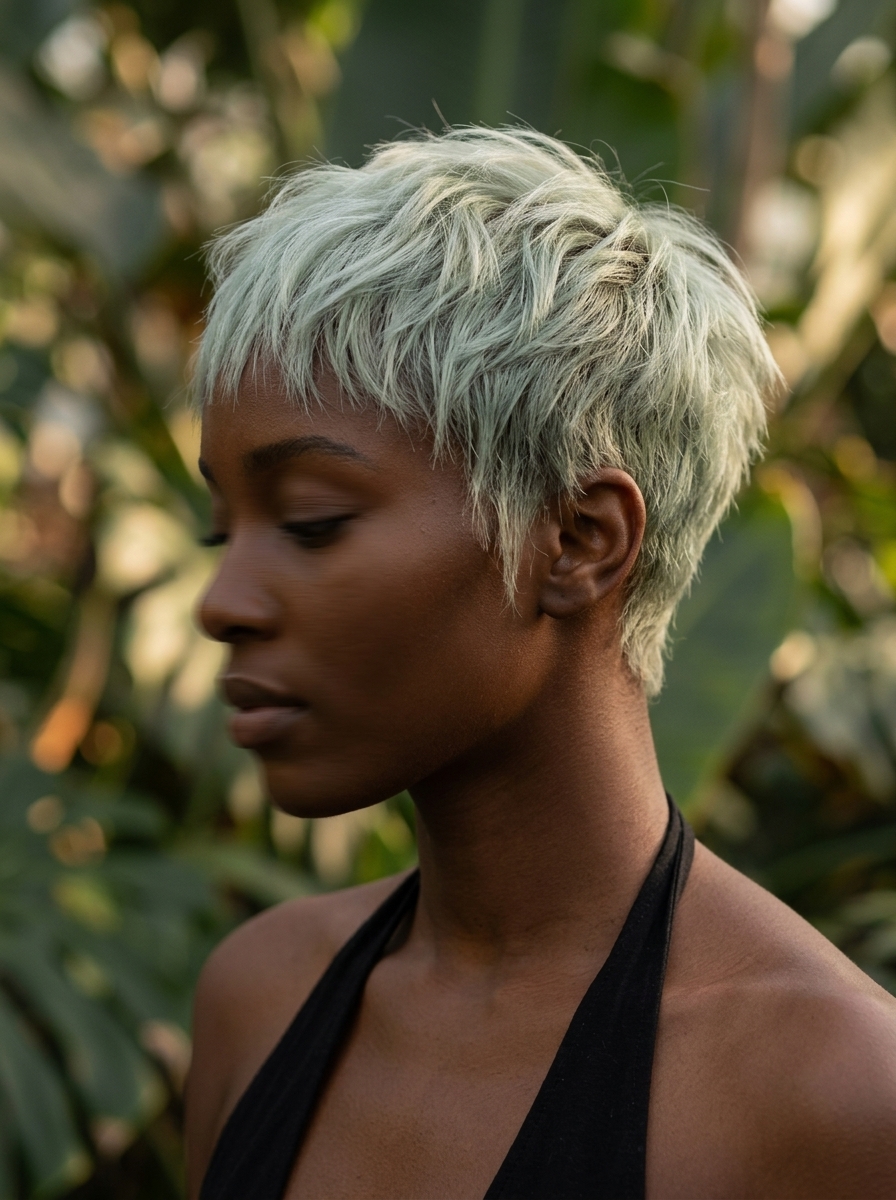 very short pixie haircut in muted iced matcha green with wispy fringe for bohemian vibes
