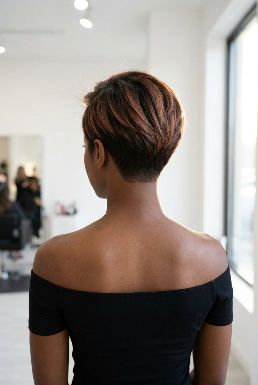 short crop haircut with muted terracotta copper balayage, clipper fade, and point-cut layers for professional