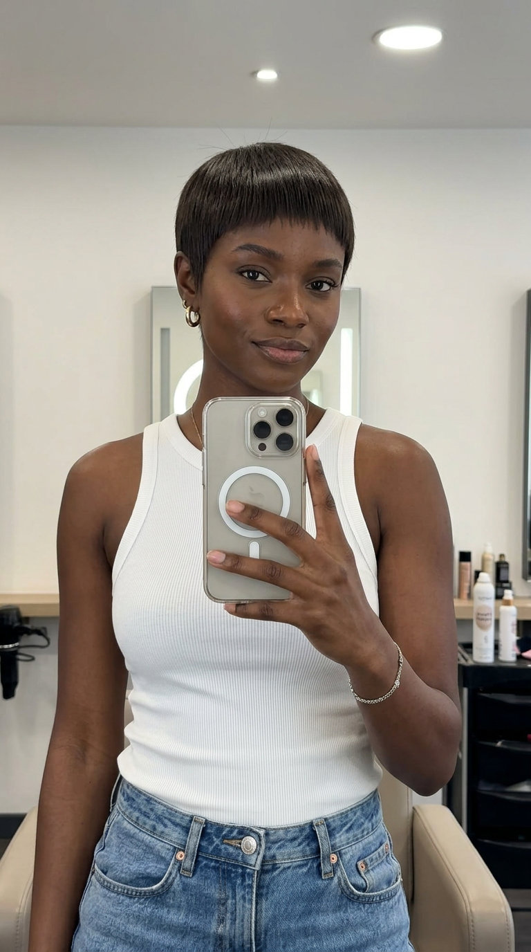 short crop haircut in natural brunette with cool undertones, clear gloss, blunt cut — minimalist sophisticated everyday