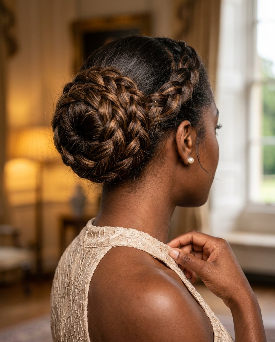 long natural brunette braided rosette bun with caramel lowlights for formal event