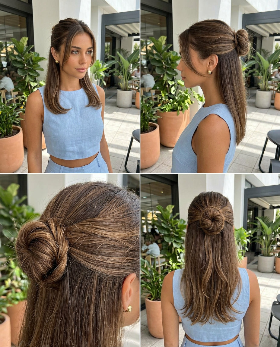 medium natural brunette mini bun with textured twists and face-framing pieces for date night