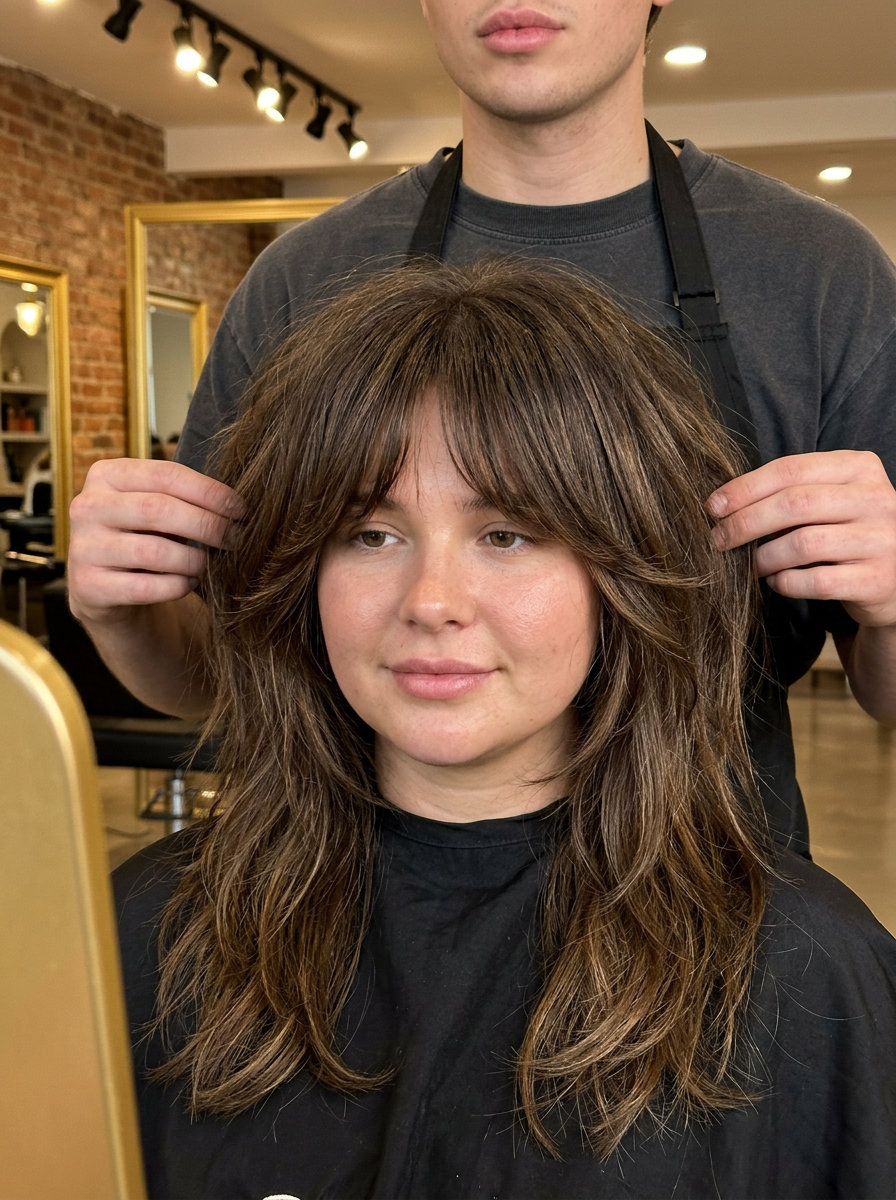 modern shullet haircut in natural brunette with sun-kissed ends and face-framing layers for effortless style