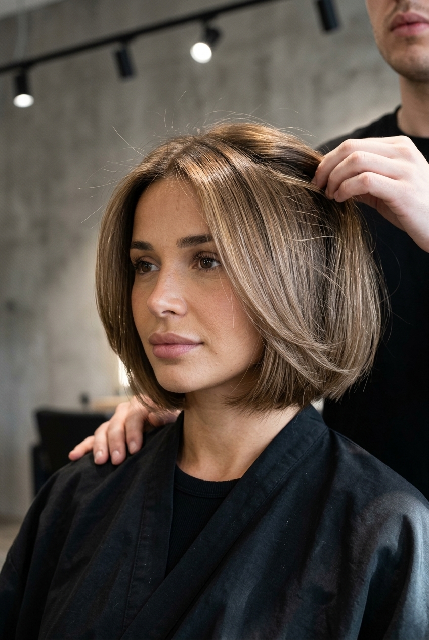 chin-length natural bob with internal layers & soft point-cut ends for elegant look