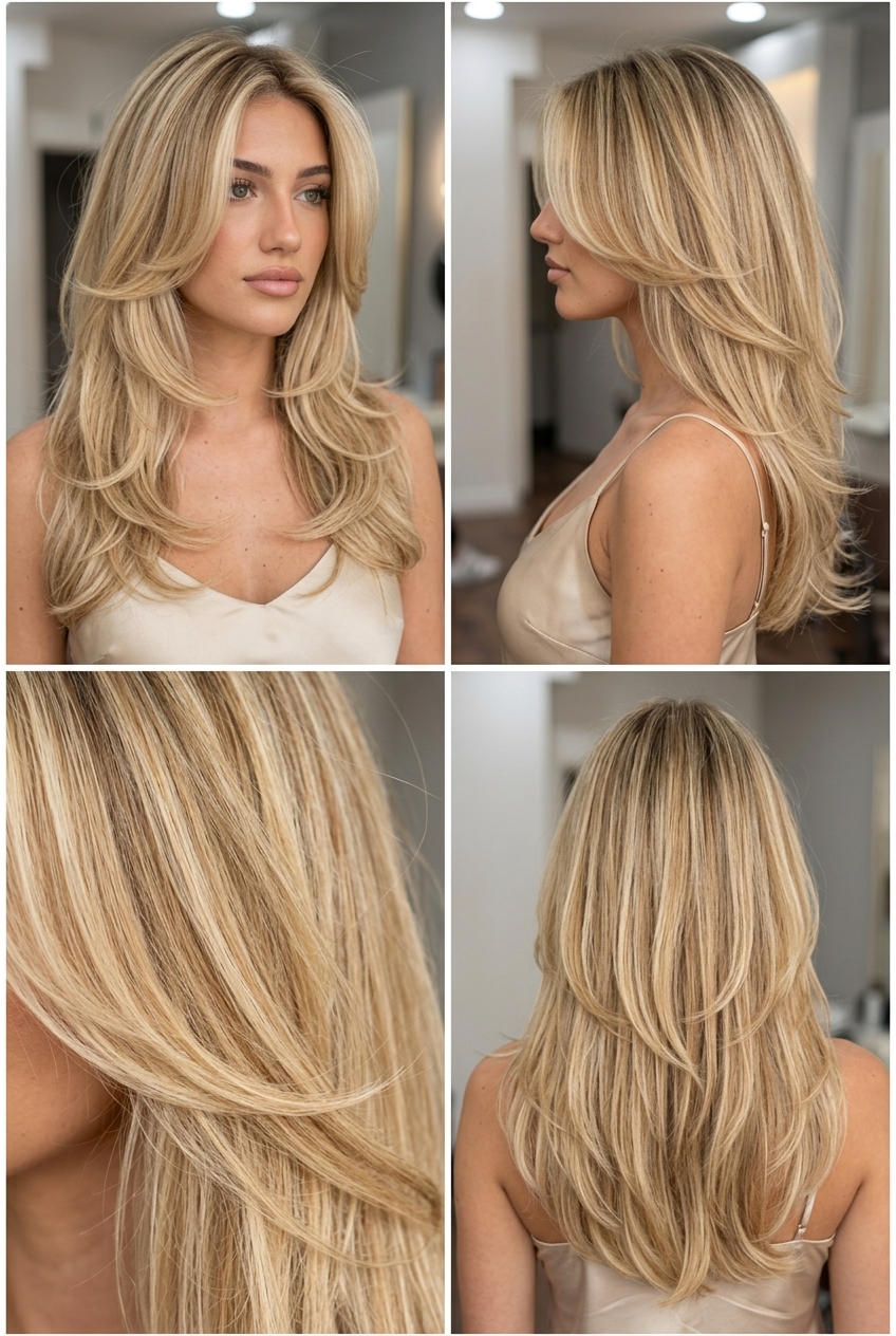 long butterfly cut dimensional summer blonde hair color 2026 with creamy nectar and buttery highlights, babylight and balayage combo, face-framing layers — glamorous and voluminous