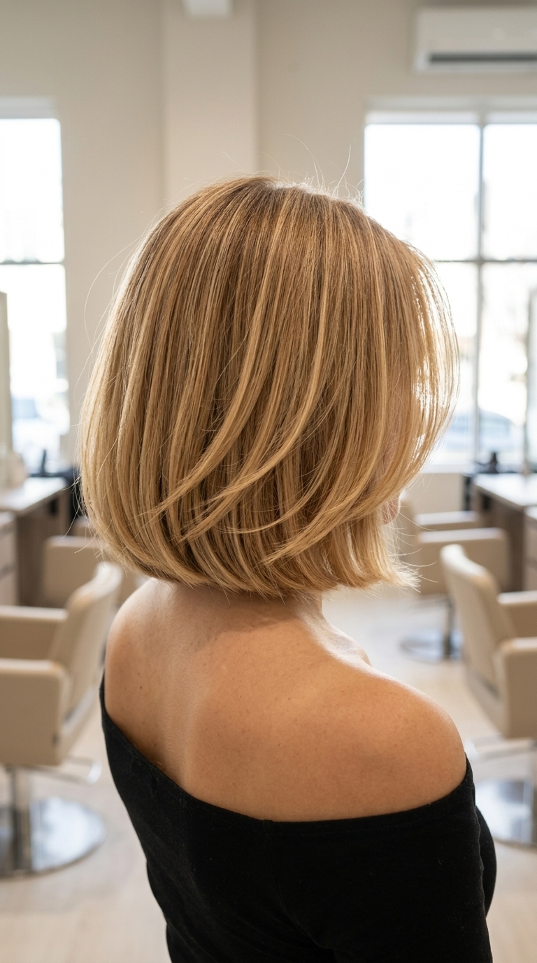 medium Italian bob dimensional summer blonde hair color 2026 with golden honey and creamy blonde, babylights and honey gloss, deep side part — chic and professional