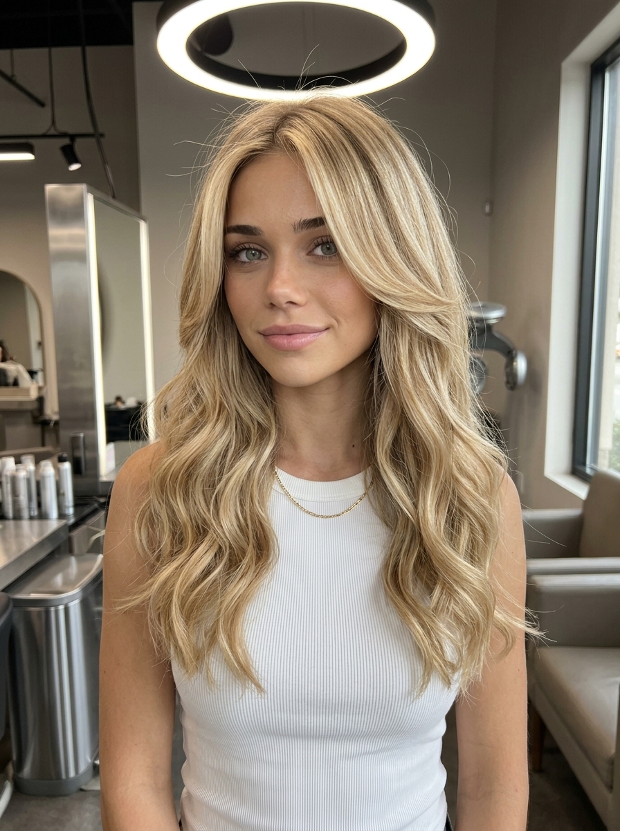 long face-framing layers dimensional summer blonde hair color 2026 with nectar blonde, babylights, no bangs — glamorous