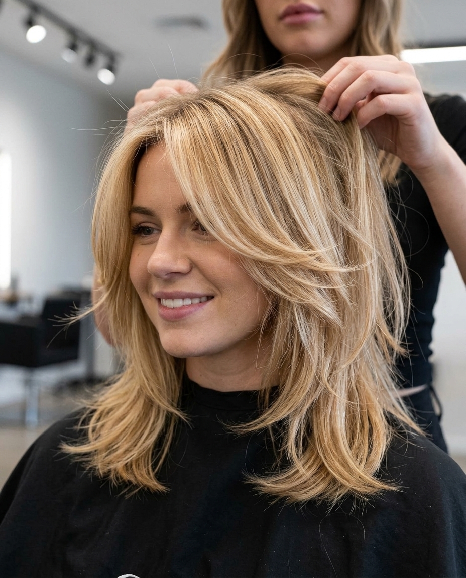 medium-length shag dimensional summer blonde hair color 2026 with nectar blonde, balayage, feathered bangs — bohemian
