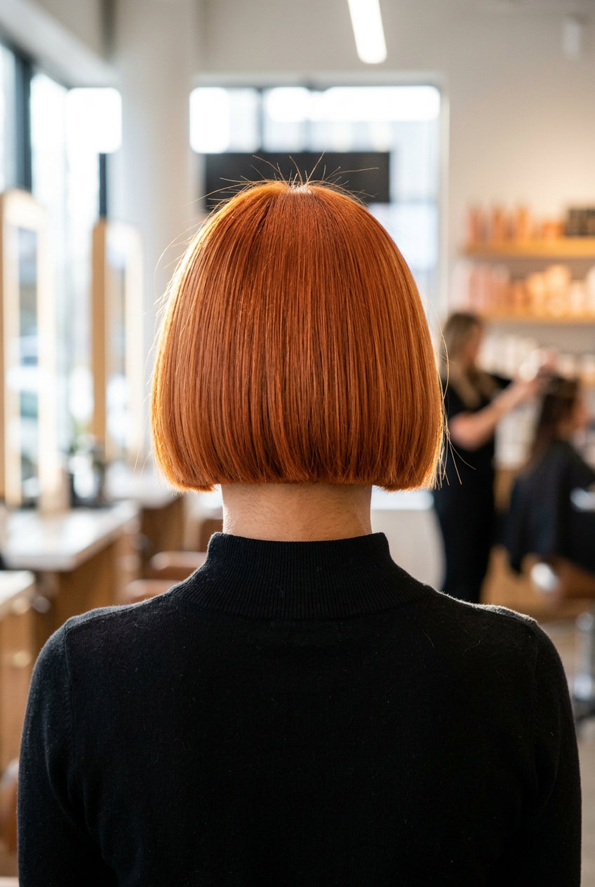 chin-length blunt bob haircut in nectarine copper with tangerine and gold tones for summer