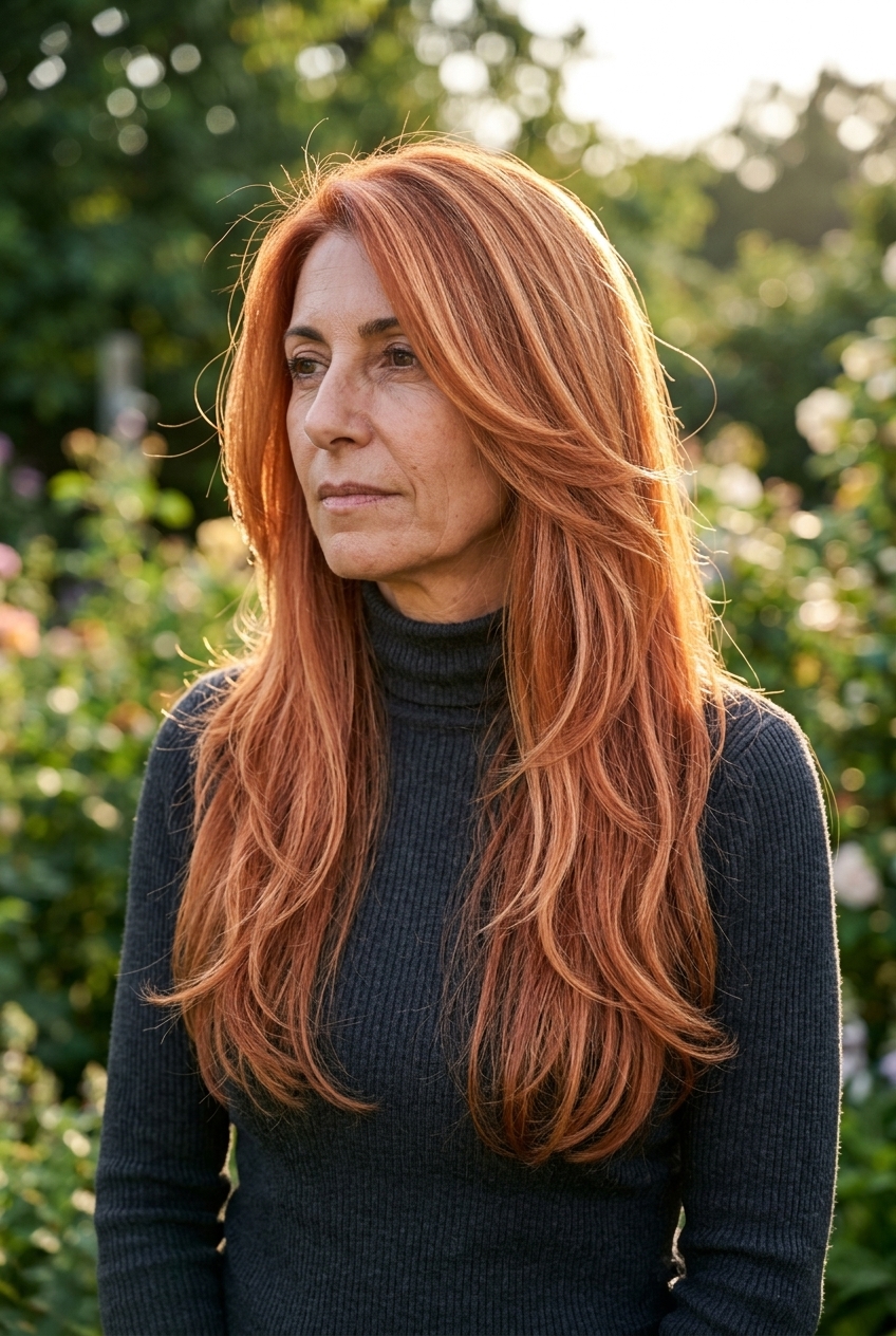 long U-shaped layered haircut with nectarine copper hair and apricot babylights, face-framing layers — romantic elegant look
