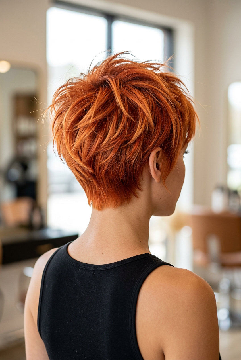 short vibrant nectarine copper crop haircut with choppy layers and piecey fringe for summer 2026