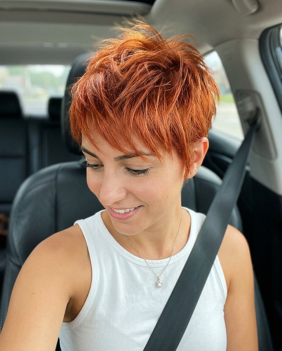short nectarine copper pixie with razored layers, tapered sides — bold playful festival