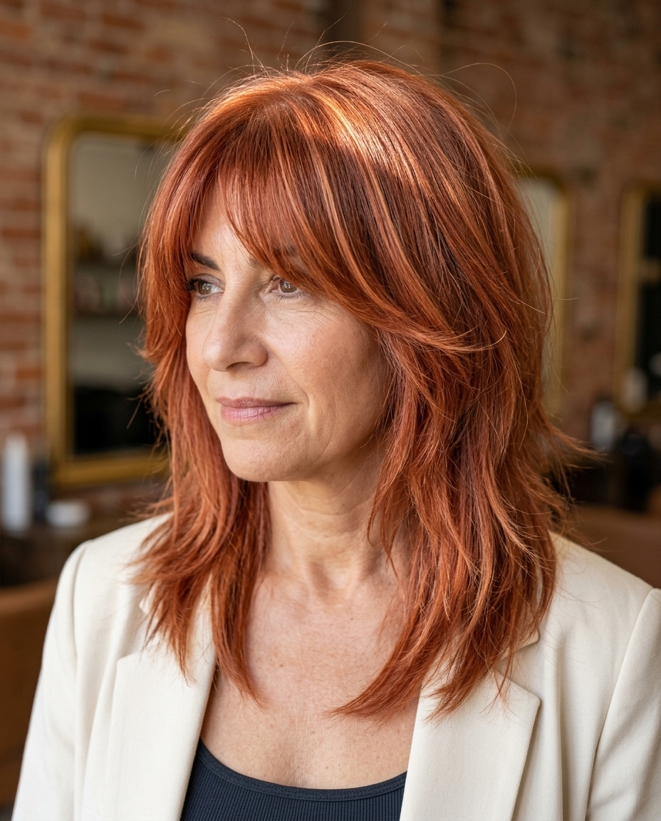 shoulder-length shag haircut in nectarine copper with apricot babylights, textured layers, bottleneck bangs — playful weekend