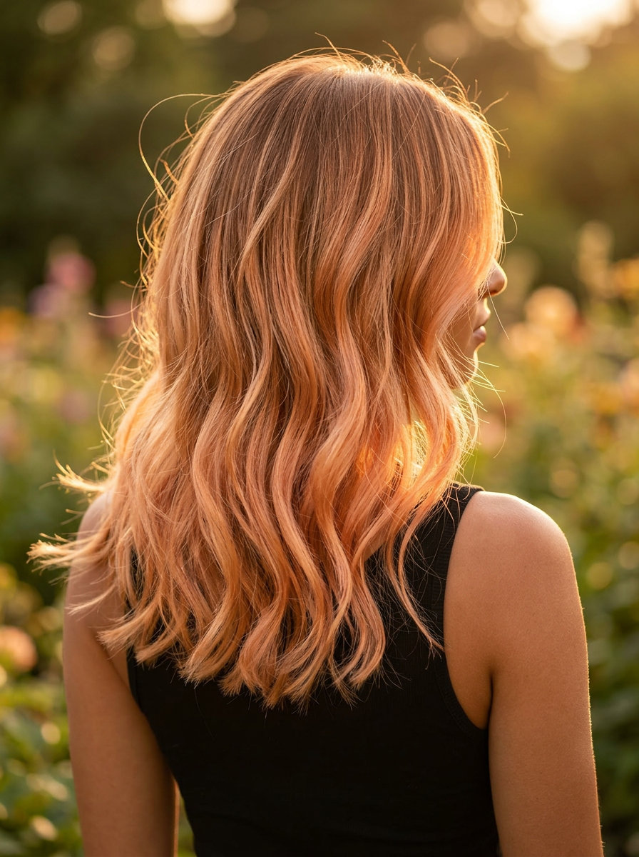 long nectarine gold balayage highlights with peach-infused gold for beach vacations