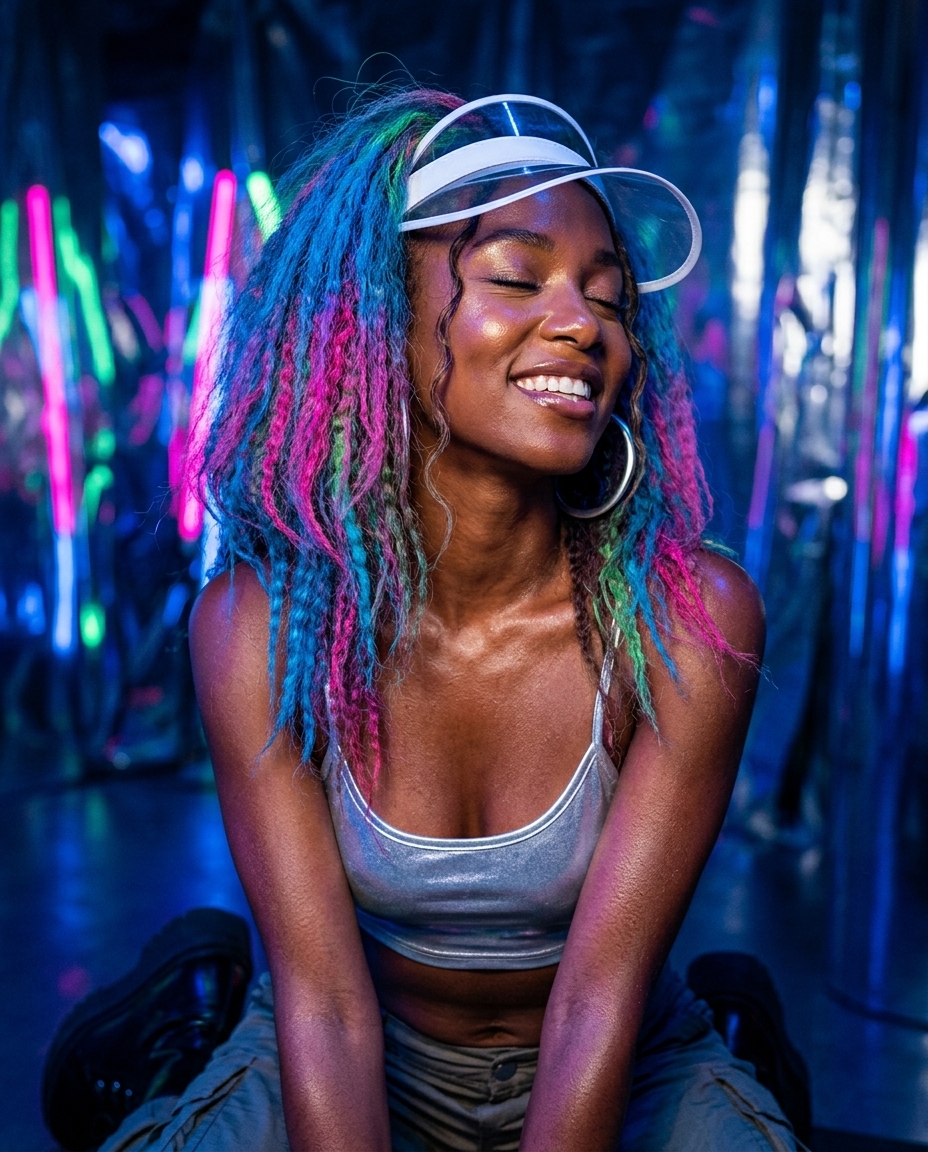 long crimped hair with temporary neon green streaks, textured piecey finish, no fringe — edgy Y2K festival look