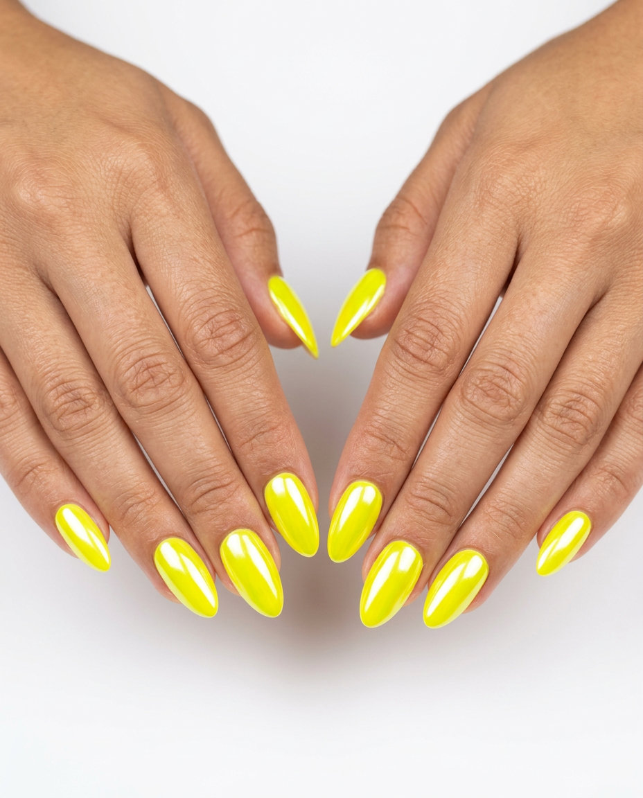 Fluorescent yellow chrome nails for a futuristic vibe. Neon summer nails 2026.
