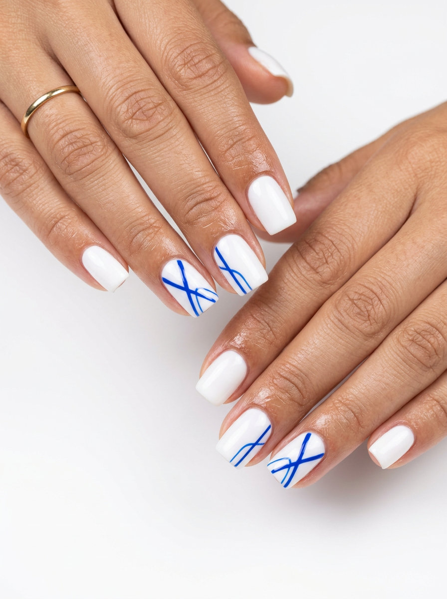 Cobalt blue abstract lines on white square nails for neon summer nails 2026, ideal for daily wear and art galleries.