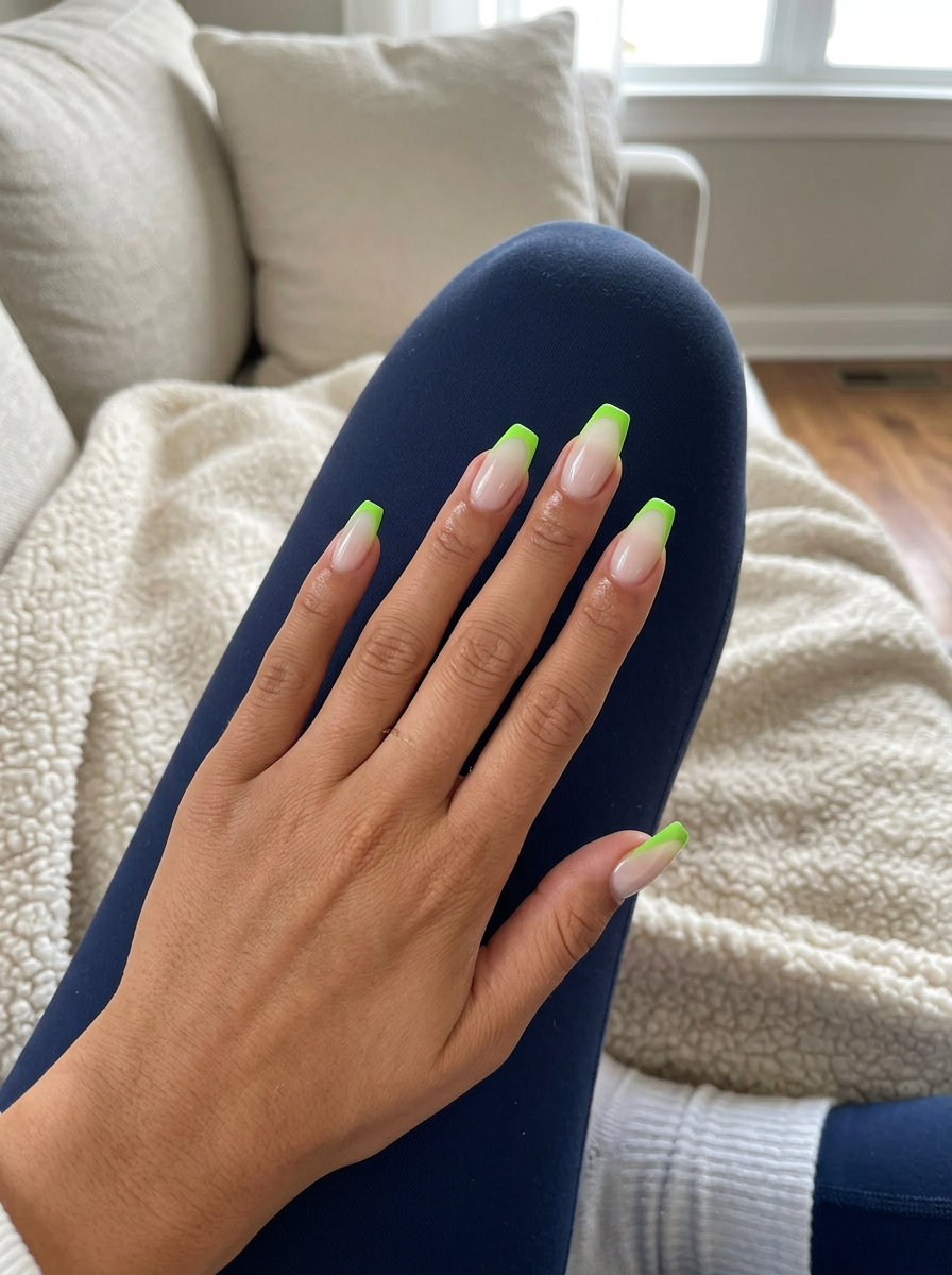 Electric lime green reverse French on nude base almond nails for neon summer nails 2026, perfect for festivals.