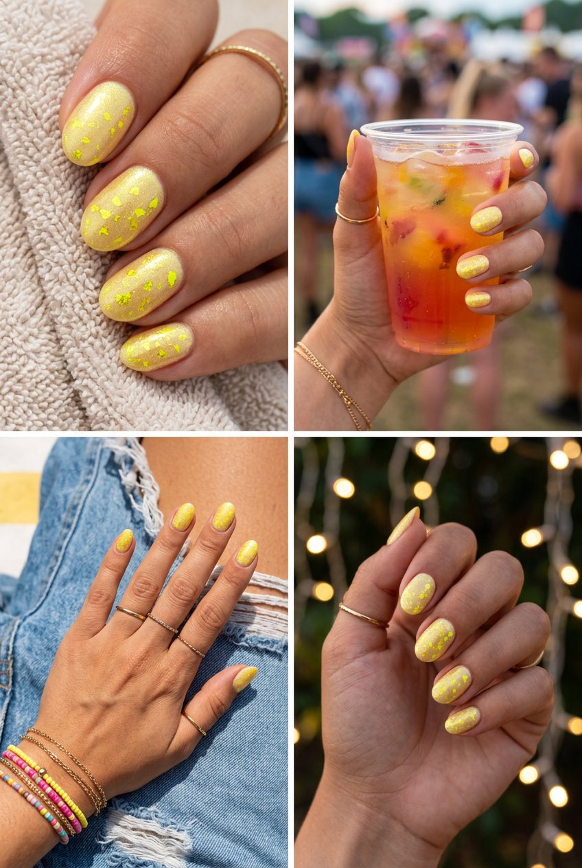 Fluorescent yellow sparkle accent nails for casual summer fun, a playful neon summer nails 2026 style.