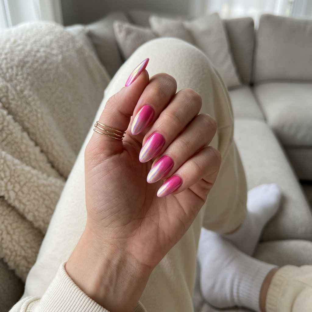 Hot pink chrome aura nails for a glamorous party, a futuristic neon summer nails 2026 trend.