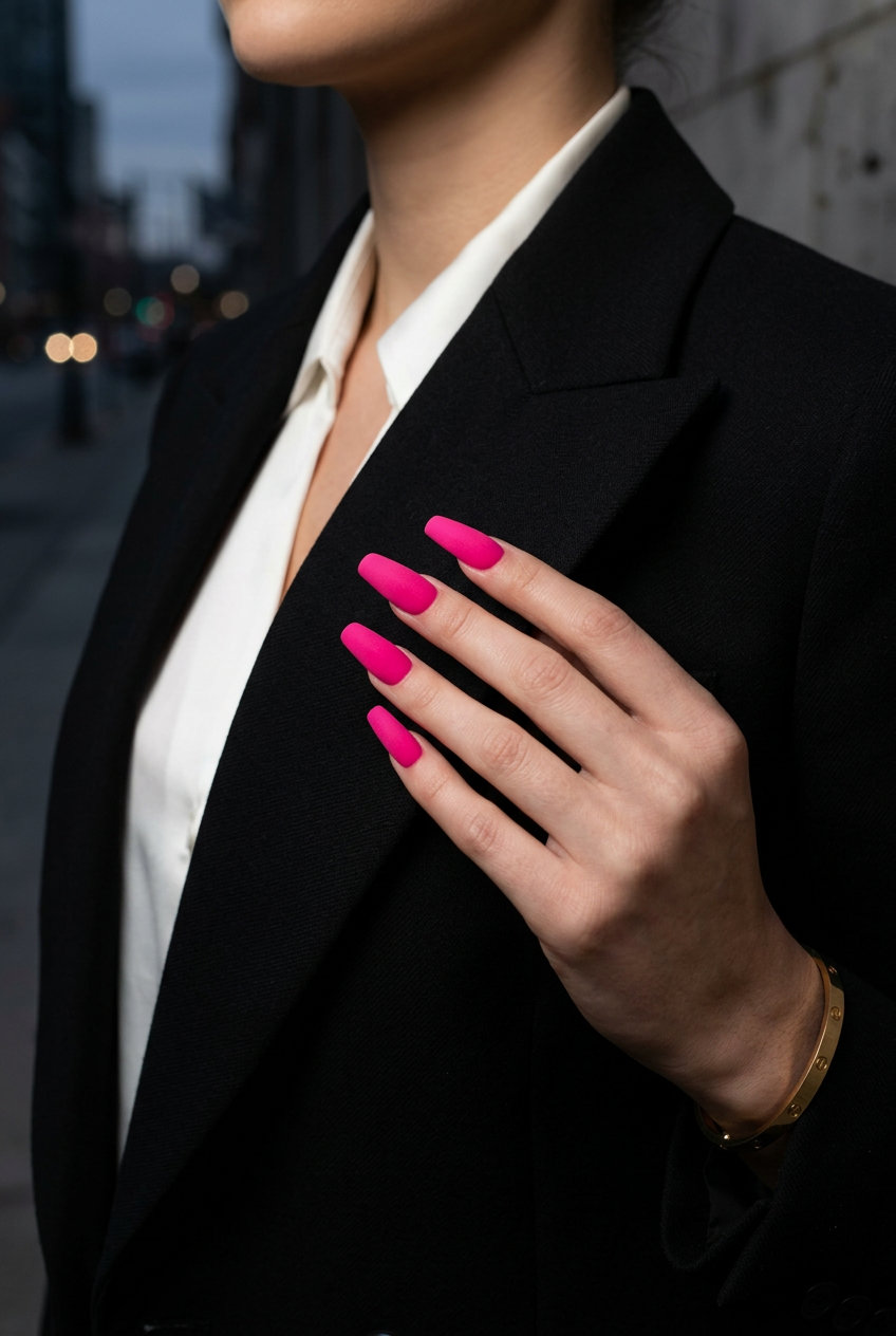 Hot pink matte coffin nails for a bold night out, a sultry neon summer nails 2026 statement.