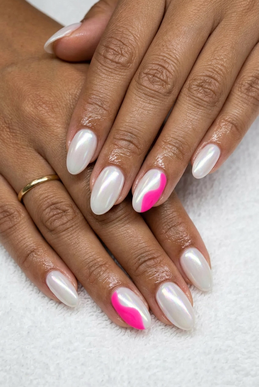 Hot pink neon chrome accent nails for a glamorous cocktail party, a chic neon summer nails 2026 design.