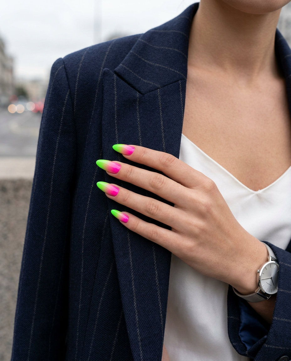 Neon green and hot pink ombre nails for a bold summer look. Neon summer nails 2026.