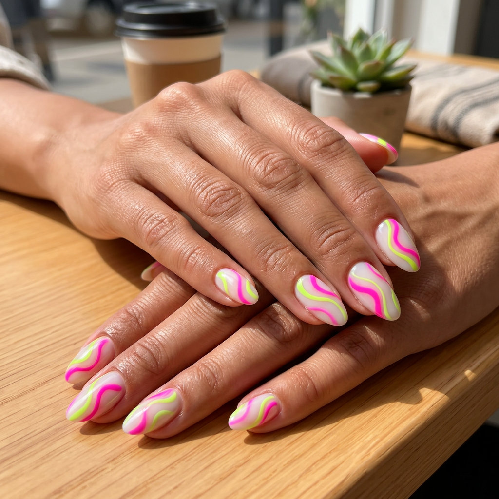 Neon pink and lime swirl almond nails for summer festivals, a whimsical neon summer nails 2026 design.