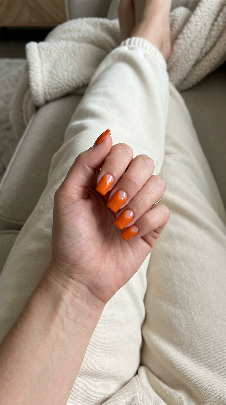 Vivid orange geometric cutout nails for a modern chic look. Neon summer nails 2026.