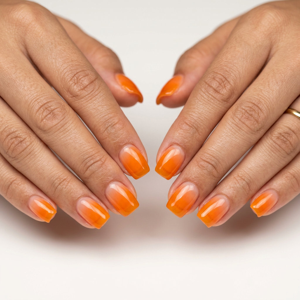 Vivid orange jelly French tip nails for a playful beach look. Neon summer nails 2026.