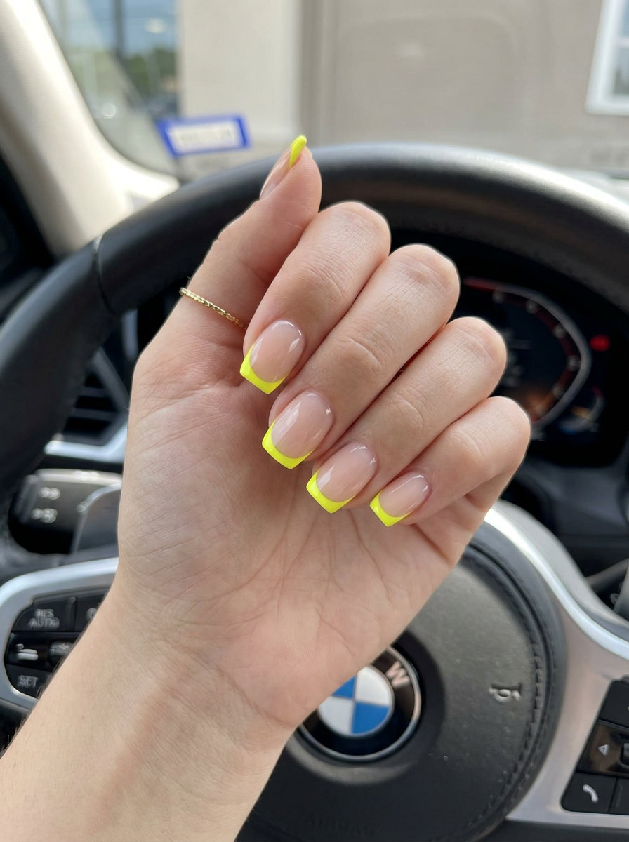 Fluorescent yellow micro French tip nails for a subtle chic look. Neon summer nails 2026.