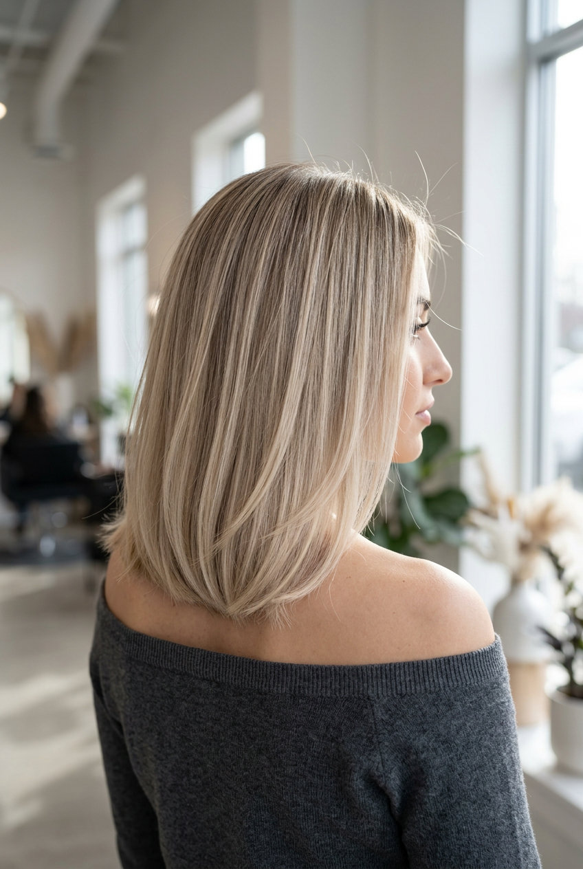 shoulder-length neutral beige blonde haircut with teasylights and soft blunt ends for summer 2026