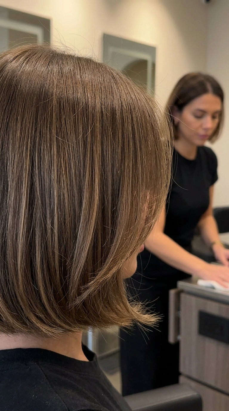 chin-length bob haircut with neutral brown and caramel lowlights, textured layers and deep side part for summer