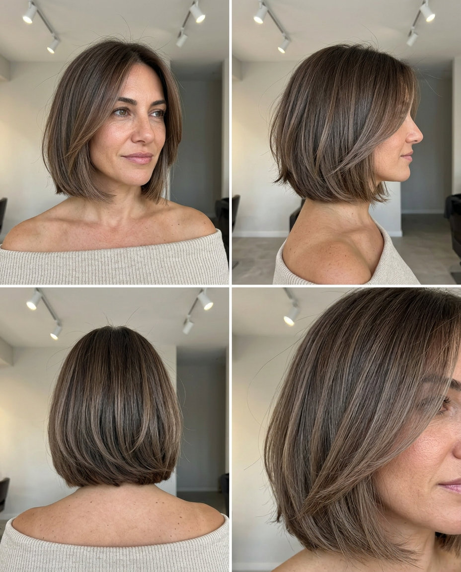 chin-length neutral brunette bob with cool beige micro-balayage, face-framing pieces — chic & effortless