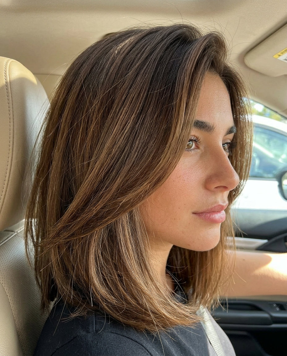 Oak Brown Lob 2026: Soft & Effortless Style shoulder-length oak brown lob with honey undertones, soft layers, side part β soft and effortless